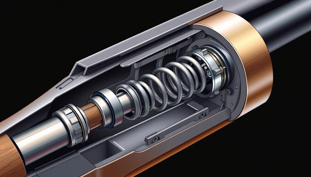 Detailed illustration of the internal mechanism of a firearm focusing on the spring system, showcasing the compression and tension of the spring as it interacts with various components like the slide and firing pin, highlighting dynamic motion and mechanical precision.